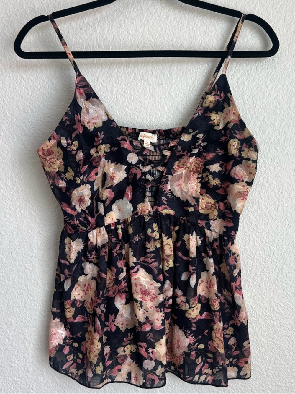 Floral Lace-Up Spaghetti Strap Camisole - Black with Pink Floral